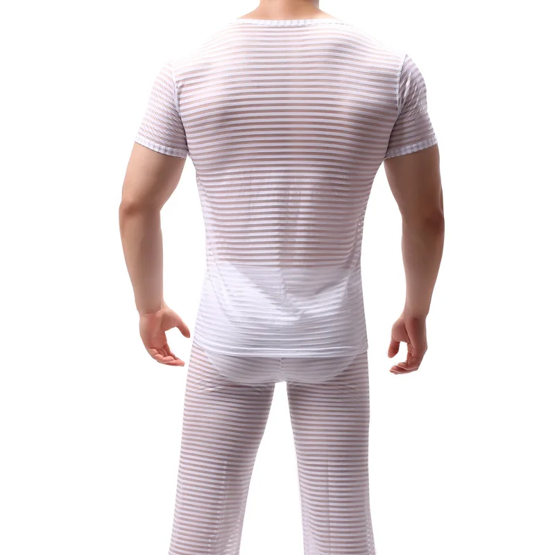 Стиль, короткий рукав, сетчатые полосатые футболки, мужские прозрачные топы, футболки, сексуальная клубная одежда, одежда для сна