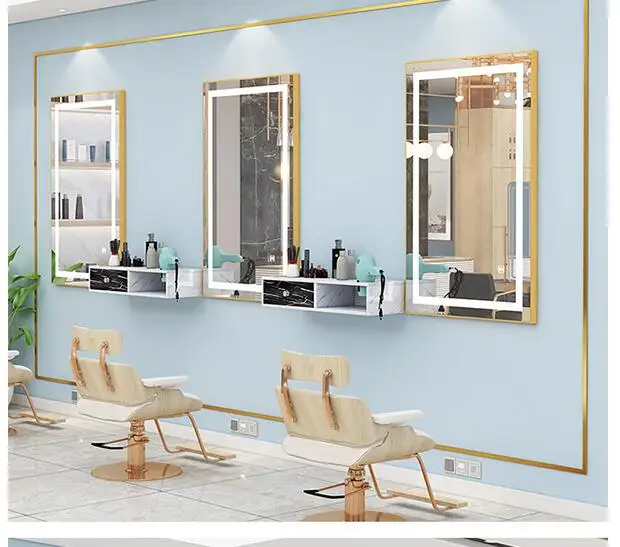 Barber shop mirror hair salon special integrated cabinet marble wall mirror LED light net red hairdressing single side