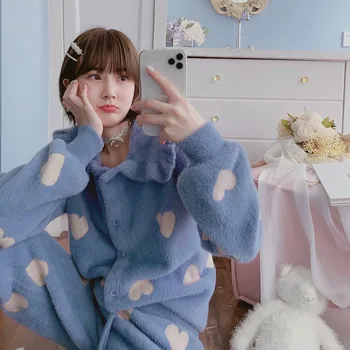 

Sweet Lolita Cute Soft Pajama Two Piece Set Casual Autumn Winter Nightwear for Women Girls Lounge Wear Pj Sets Pink Blue White