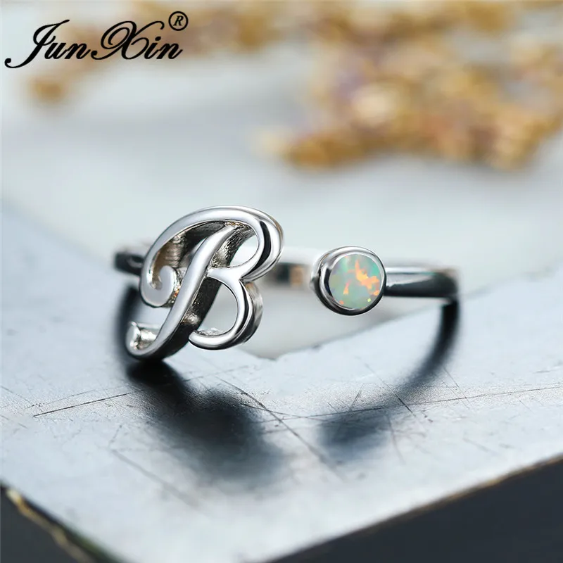 White Opal Ring Милые Буквы B Открытый регулируемый синий огненный опал кольца для женщин 925 Круглый серебряного цвета Радуга Камень свадебное тонкое кольцо Леди ювелирные изделия - Цвет основного камня: White Opal Ring