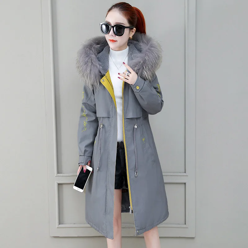 Light Grey Женское однотонное пуховое пальто с капюшоном, новинка, Зимняя мода, с меховым воротником, на молнии, с карманами, уплотненная длинная верхняя одежда - Цвет: Light Grey