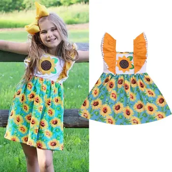 

US Sunflower Toddler Kid Baby Girl Clothes Ruffle Dress Princess Swing Sundress