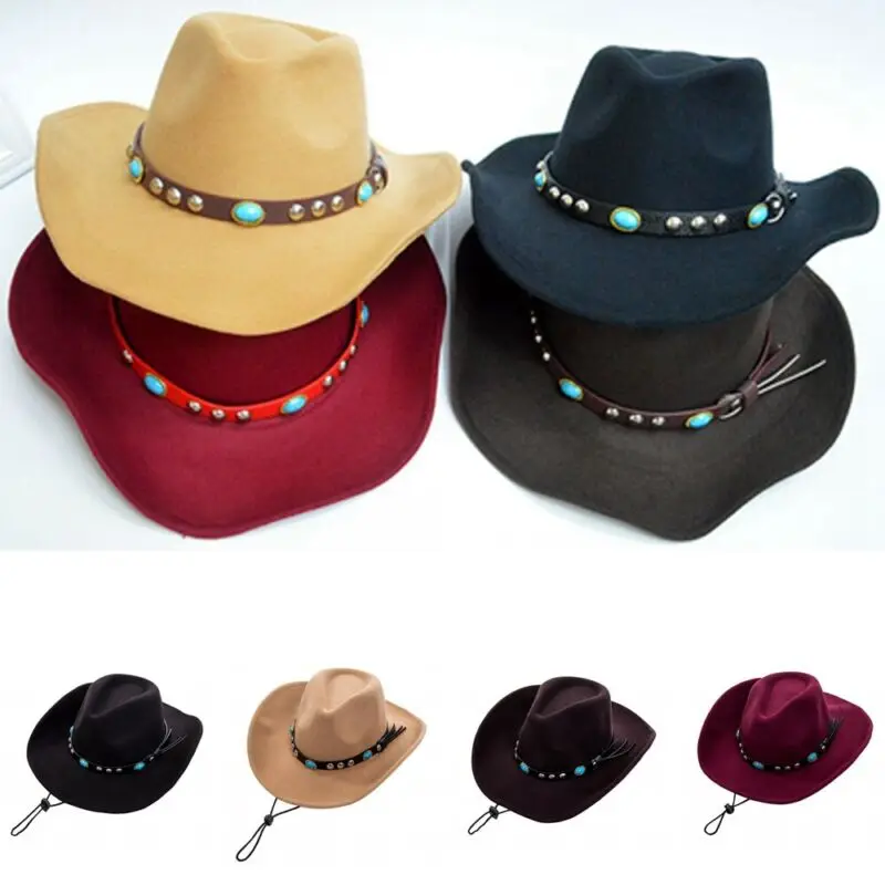 

Hot Sale Womem Men Wool Blend Western Cowboy Hat Wide Brim Cowgirl Jazz Cap Leather Band