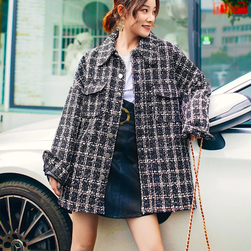 

Fashion Plaid Sequins Coarse Woolen Single-breasted Plus Woman Coat Casual Simple Fashion Tide Autumn Winter Jacket New TV553