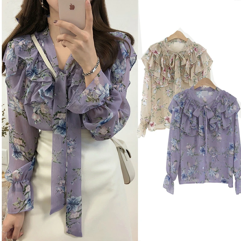 

2019 Cute Sweet Bow Tie Tops Hot Sales Women Korean Style Bow Blouses Shirts Female Girls Purple Floral Vintage Top Blouse 2021