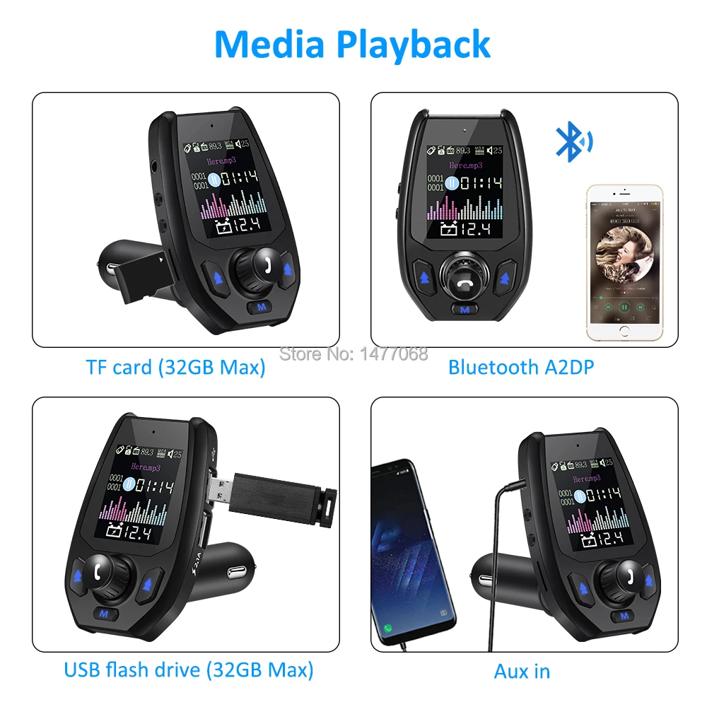 PHYEEE Bluetooth FM модулятор Автомобильный MP3-плеер Зарядка через USB Handsfree SD Aux 1." Цветной экран