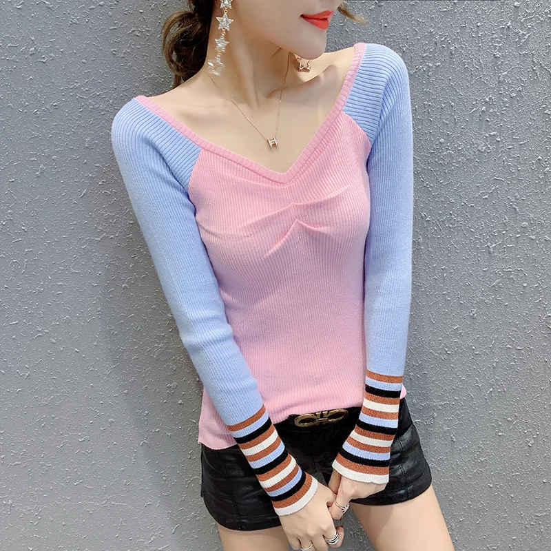 

Fashion Striped Contrast Color Korean Pullover Sweater Women 2019 New Autumn Winter Women Top knitted Sweater Pull Femme M99504