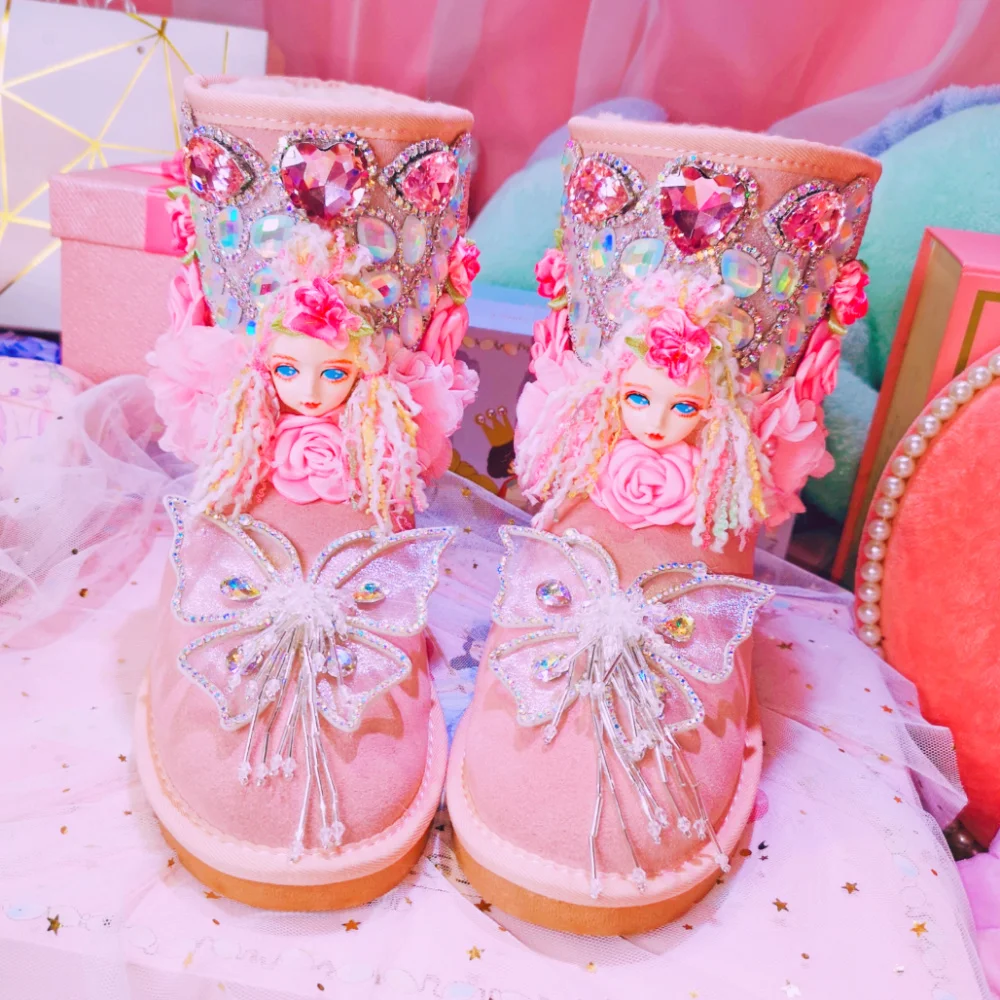 Милые розовые замшевые зимние сапоги; женские Сияющие кристаллы; зимние сапоги до середины икры; коллекция года; модная теплая зимняя обувь с Плюшевым Мехом; женская обувь; botas mujer - Цвет: as photo