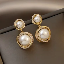 Pendientes colgantes de perlas para mujer, joyería coreana con lazo de luna, estrella, diamantes de imitación, para boda, 2021