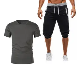 Новинка 2019, одноцветная мужская повседневная спортивная Хлопковая футболка из двух частей + спортивные шорты, мужская летняя спортивная