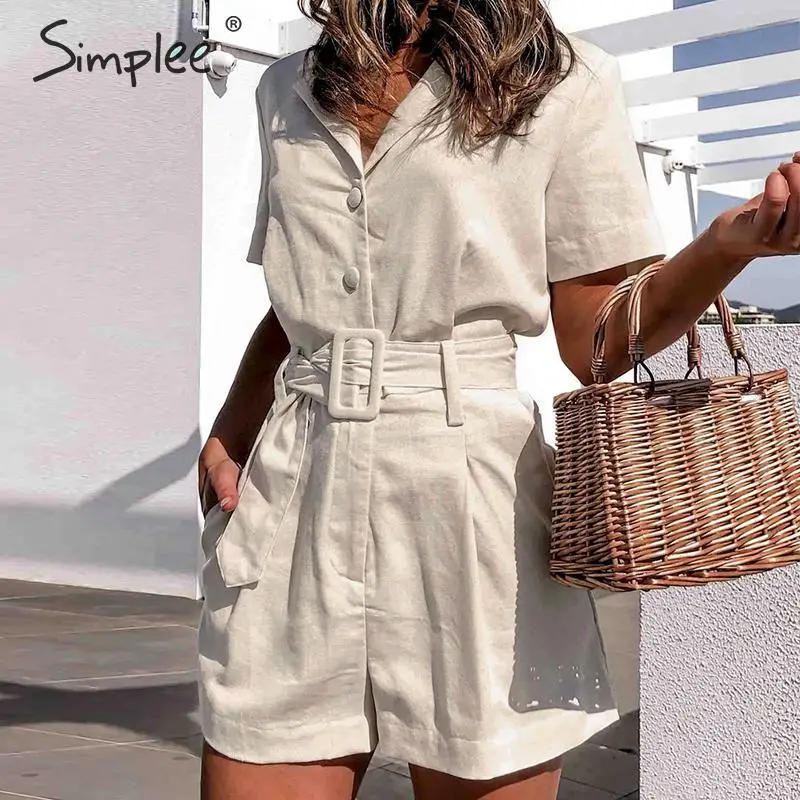 Simplee Elegant sash belt women playsuits Short sleeve buttons cotton linen female romper jumpsuit Spring summer ladies overalls Simplee Elegant sash belt women playsuits Short sleeve buttons cotton linen female romper jumpsuit Spring summer ladies overalls