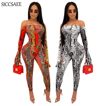 

2020 Snake Skin Printed Leotard For Women Flare Sleeve Off Shoulder Strapless Bodycon Bandage Jumpsuits Sexy Bodysuit Serpentine