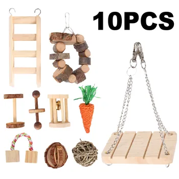 

7/10pcs Cute Natural Wooden Rabbits Toys Pine Dumbells Unicycle Bell Roller Chew Toys for Guinea Pigs Rat Small Pet Molars