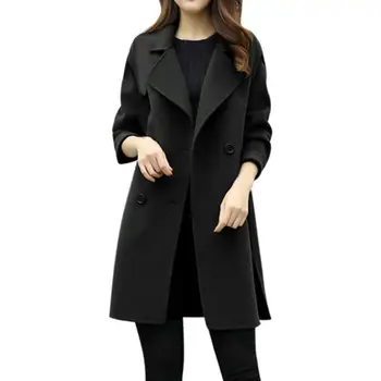 

Women Winter Solid Color Lapel Double-breasted Casual Long Sleeve Warm Wool Slim Coat