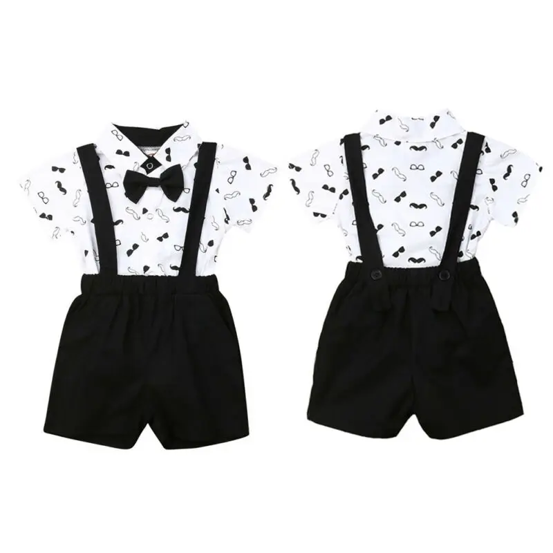 PUDCOCO NEWBORN Baby Boy Formal Party Wedding Bow Romper + Bib Pants Clothes Short Sleeves Printed Sunsuits |