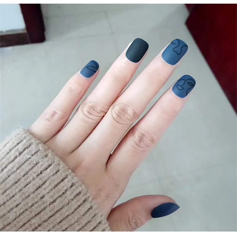 Nusx 24pcs Creative Face Line Pattern Wearable Full Press On Nails Cool Style Blue Short Round 2