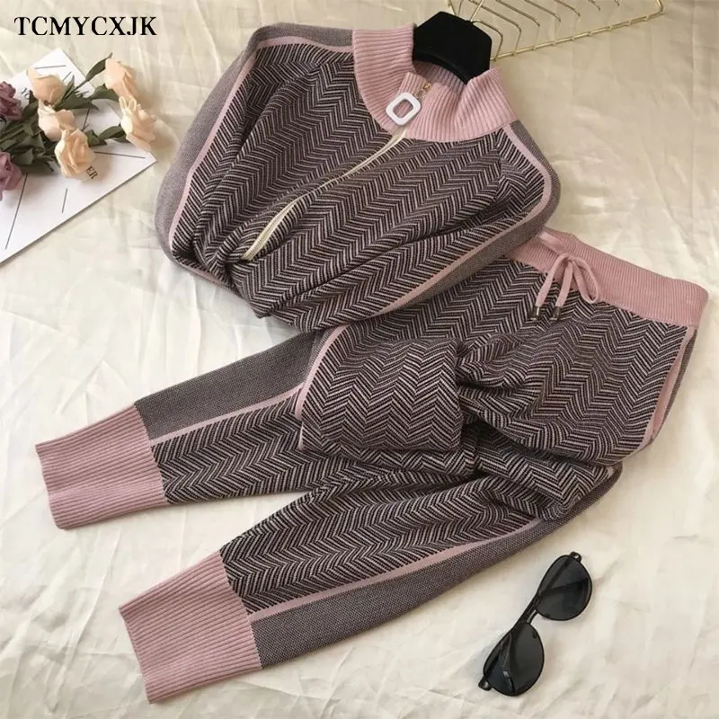 2022 Spring Streetwear Leopard Printed Knit Two Peice Set Women Long Sleeve O-Neck Sweater Tops + Harem Pants Casual Tracksuit blazer and pants set