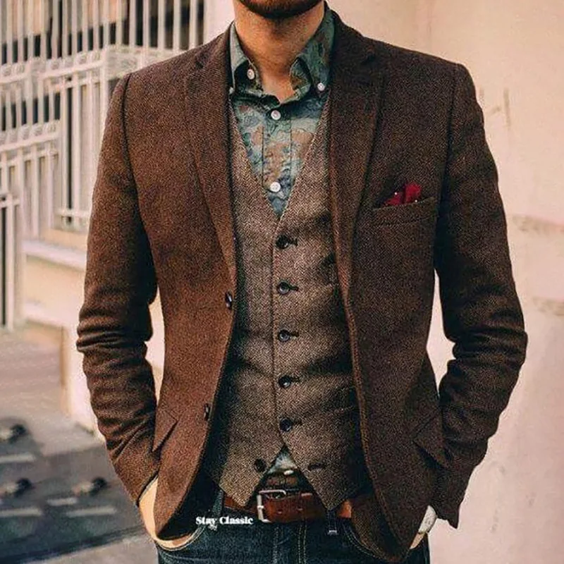 Vintage Men Tuxedos England Style Streetwear Fashion Male Blazer Party Wedding Groom Prom Suit Coat 1 Piece