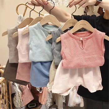

2020 New Summer Baby Fashion Casual Clothes Suit Striped Cotton T-shirt+Pants Korean Japan Style Toddler Girls Boys Suit