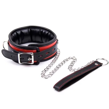 

Pu Leather Dog Collar And Leash Neck Bondage Restraint With Steel Chain Slave Costume Game Toy For Couple Women Men