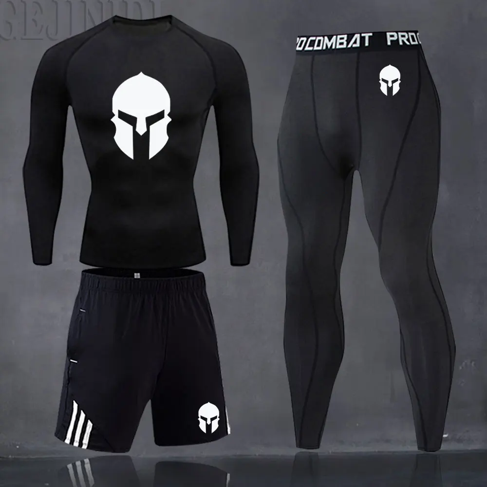New Men's Running Set Gym Legging Thermal Underwear Mask Compression Fitness MMA Rashguard Male Quick-Drying Tights Track Suit | Спорт и
