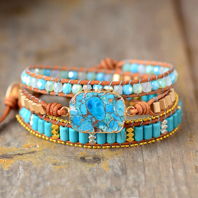 Multilayers Women Leather Wrap Bracelets W/ Turquoises Rhinestone Beaded 3X Cuff Bracelet Boho Jewelry Wholesale Dropship