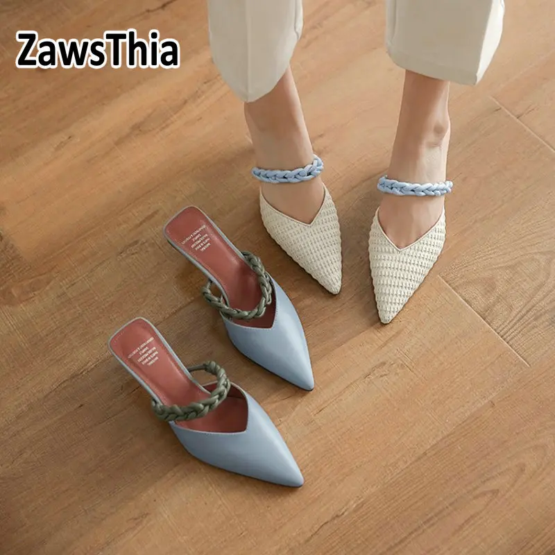 Женские шлепанцы ZawsThia из натуральной кожи на тонком высоком каблуке с острым