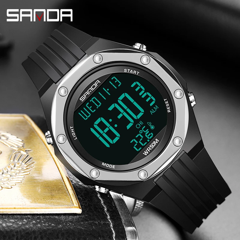 SANDA NEW Fashion Military Men's Watches Body Temperature Monitor 50M Waterproof Sports Watch LED Electronic Wristwatches 6028 | Наручные