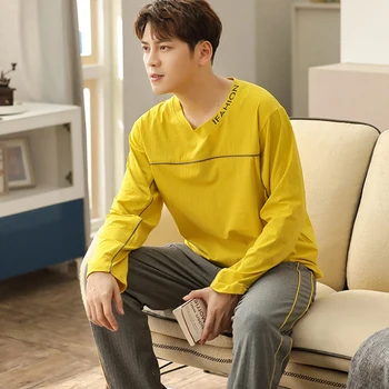 

2020 Spring Korean Long Sleeve Pajama Sets for Men Cotton Sleepwear Suit Nightwear Male Loungewear Pyjamas Homewear Home Clothes
