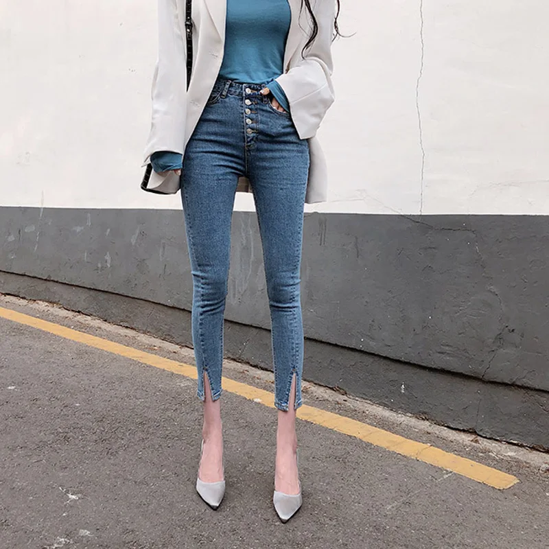 Koop Vintage Single breasted Vrouwen Denim Jeans Hoge Taille Stretch Broek Capri Streetwear Vrouwelijke Split Manchet Jeans Broek 2019 Herfst