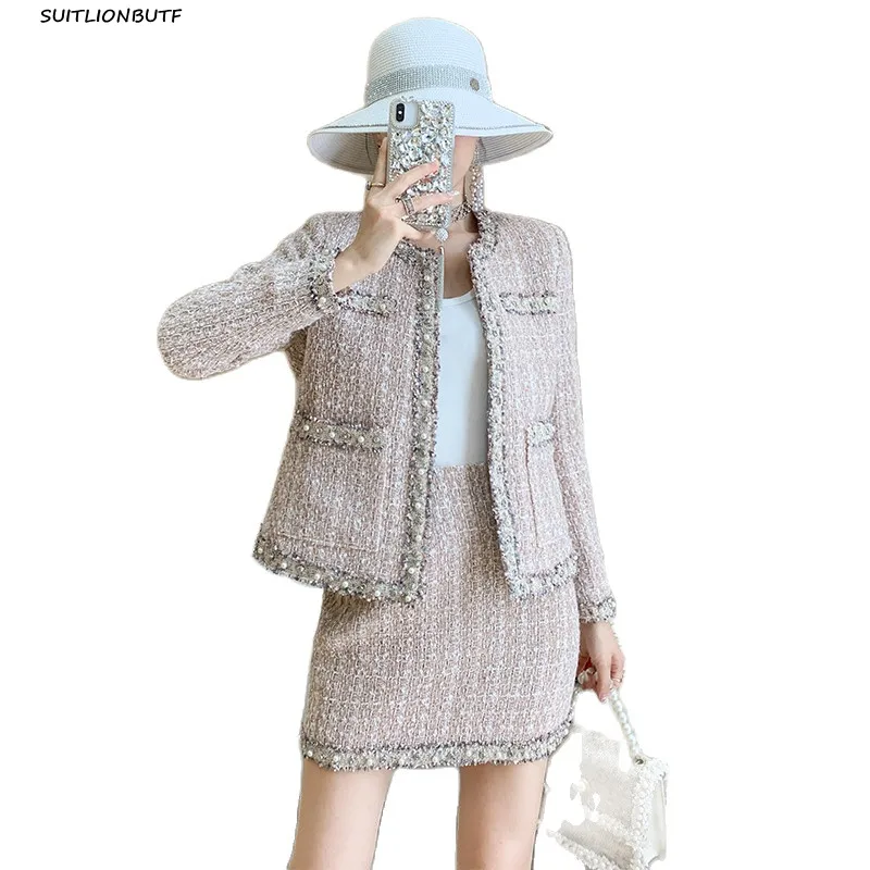 Женский элегантный твидовый комплект из двух предметов облегающее пальто с