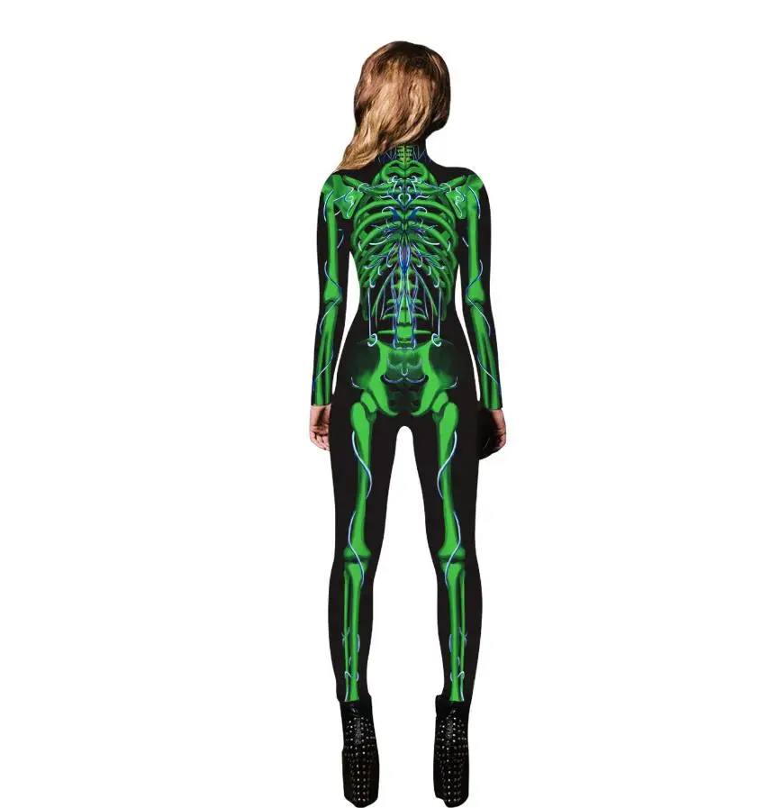 Scary Halloween Skeleton Print Costume Adult Women Horror Carnival Joking Catsuit Jumpsuit Long Sleeves Bodysuit For Lady Girls
