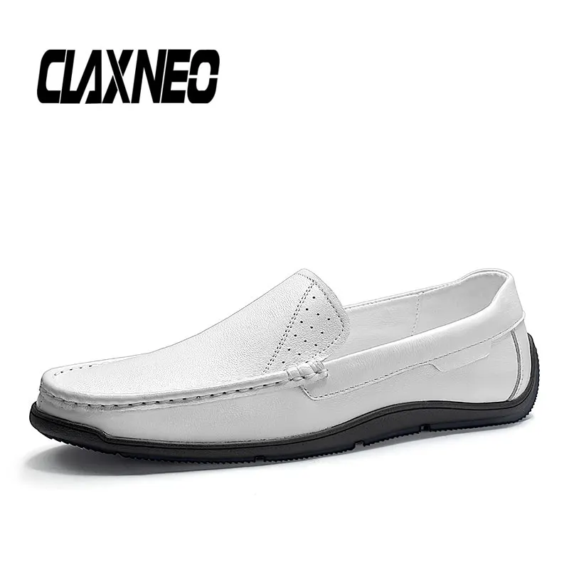 

CLAXNEO Man Moccasins White Leather Shoes Slip on Summer Male Boat Shoe Genuine Leather Loafers clax Men's Casual Footwear Soft