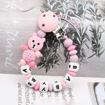 

Handmade Free Personalized Name Silicone Pacifier Clips Safe Teething Chain Baby Teether Eco-friendly Dummy Clips Holder