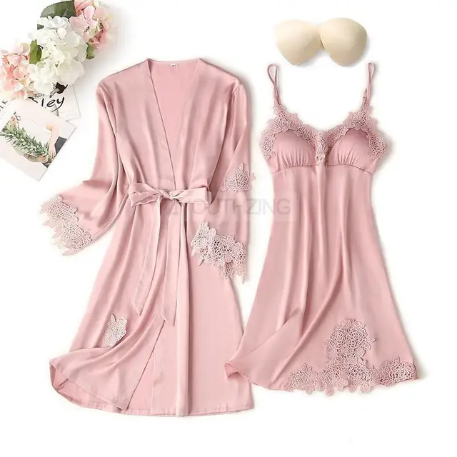 Pajama Set Women Lace Trim Satin Sleepwear Pyjamas Pour Femme Summer Nightwear With Pants Casual Home Wear Kimono Robe Gown PJS Pink  C