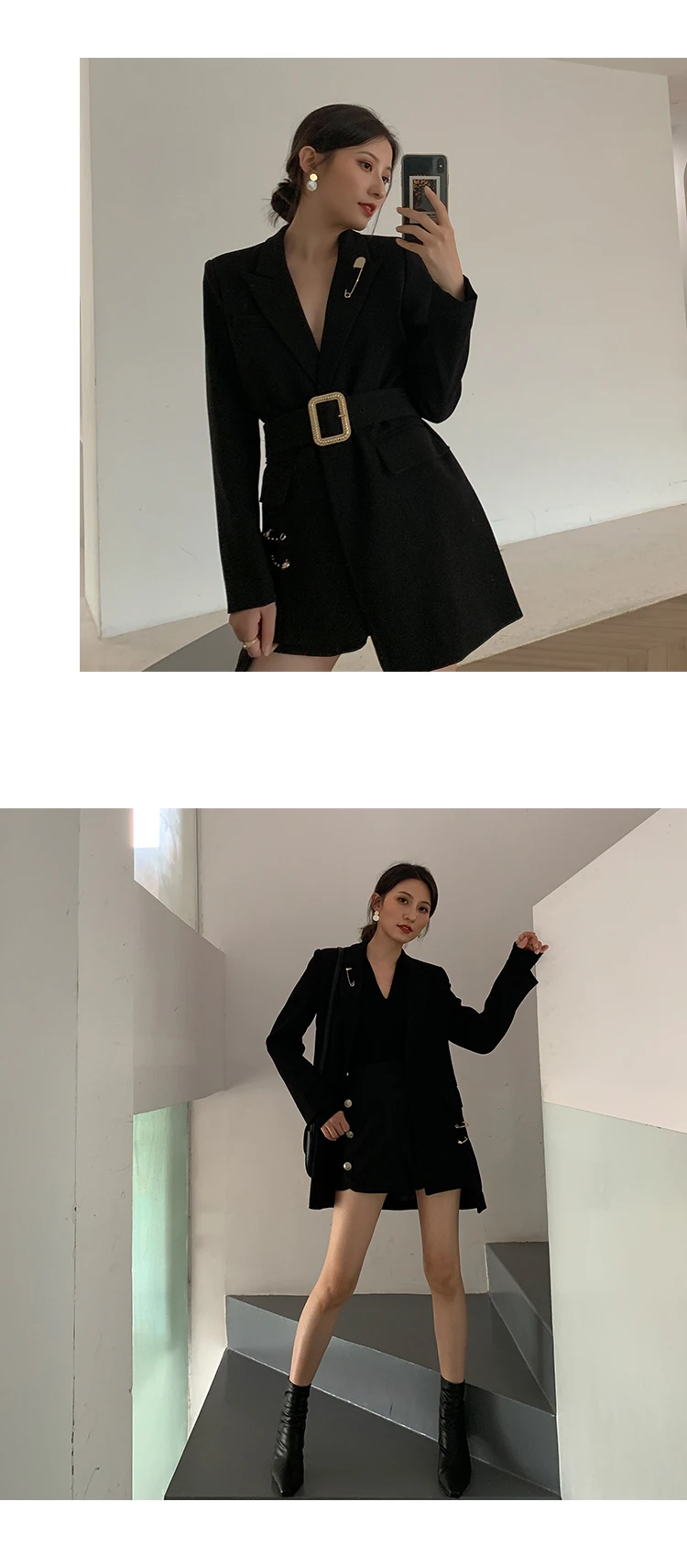 Новый женский OL Блейзер Женский деловой необычный черный блейзер Золотая Пряжка жакет комплект куртка Feminino Longo Banco высокое качество