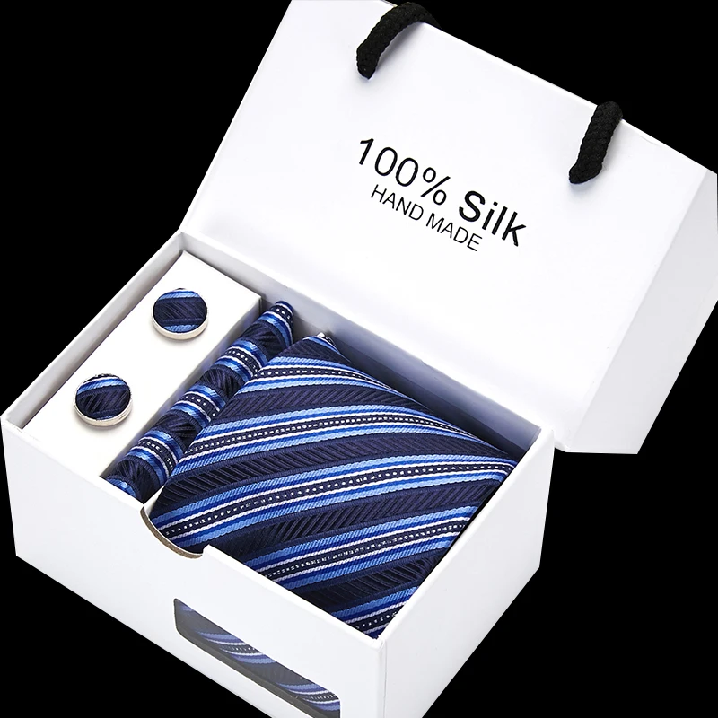 

Wedding 8cm 100% Silk Handkerchief Cuffink Ties Set Polyester Jacquard Neckties Men Blue Stripe Necktie Accessories Mens Ties