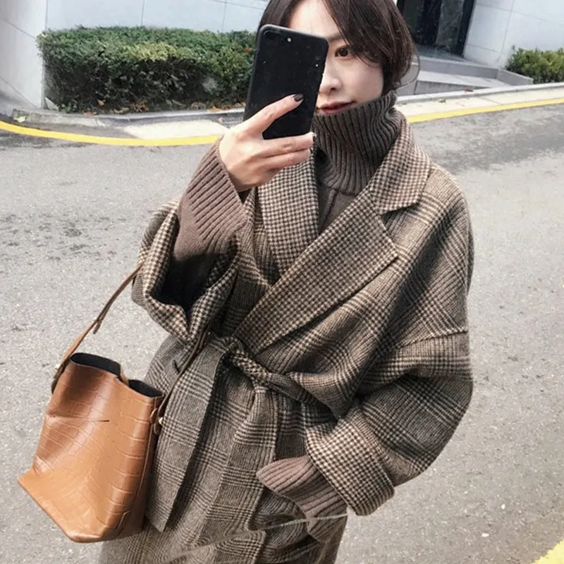 

2019 New Autumn Winter Woolen Coat Women Long Woolen Jackets Vintage Double-faced Cashmere Coats with Belt overcoats N997