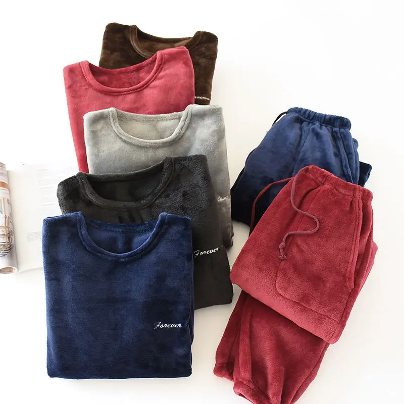 Men's Autumn And Winter New Pajamas Long-sleeved Trousers Flannel Warm Suit Plus Velvet Thickened Two-piece Home Service Men man pajamas set,flannel pajamas set