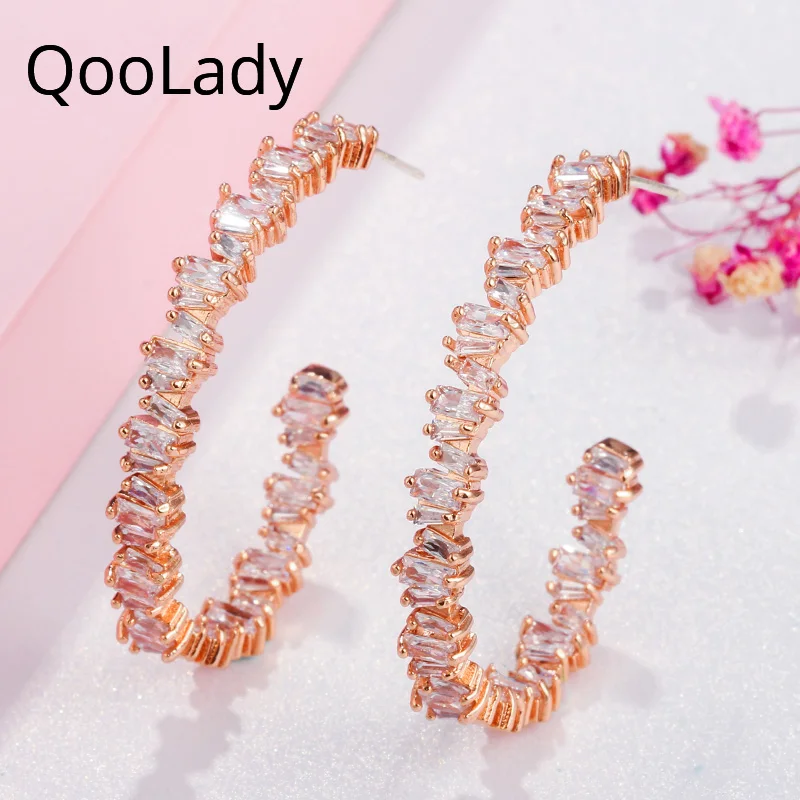 

QooLady High Quality Baguette Cubic Zirconia Stone Big Circle Rose Gold Women Hoop Earrings Charm Star Jewelry Ladies Gift E085