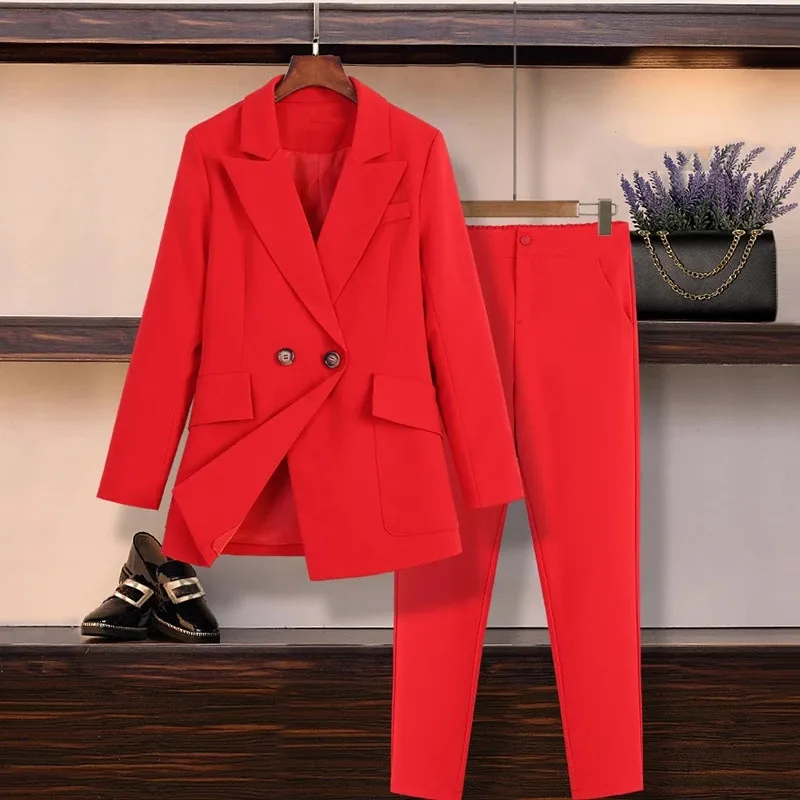 M-5XL Large Size Women's Suit Pants Set New Autumn And Winter Casual Professional Red Jacket Blazer Casual Trousers Set Of Two