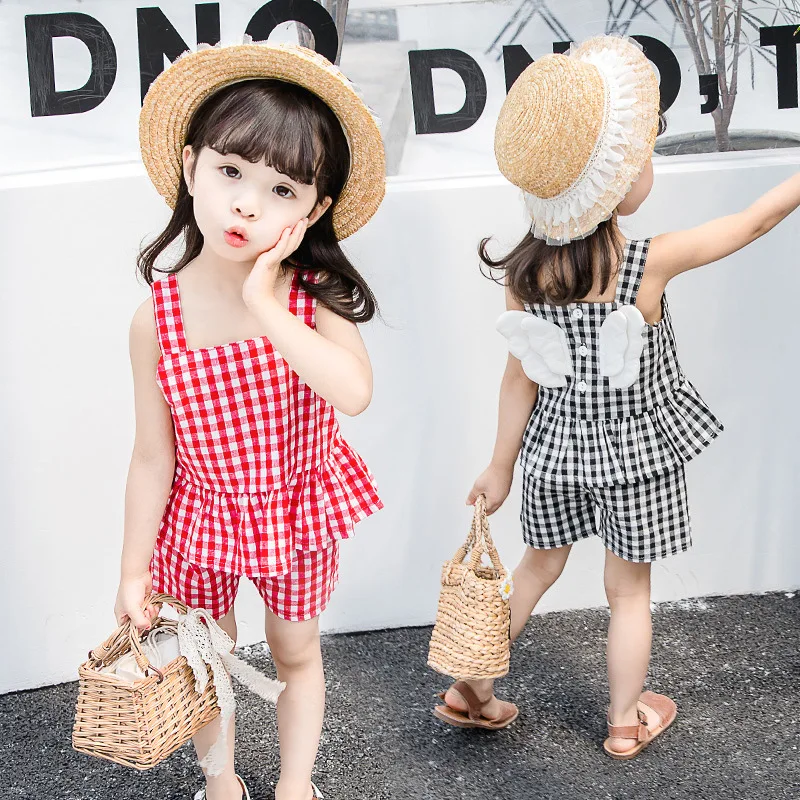 

2019 New Style Korean-style Childrenswear Small CHILDREN'S Plaid Wing Summer Wear Girls' Short-sleeved Suit Children Two-Piece S