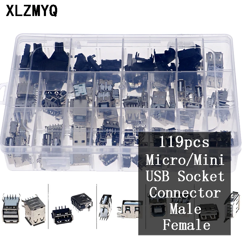 119pcs/box Usb Socket Connector Combination Kit Set Micro / Mini / Diy