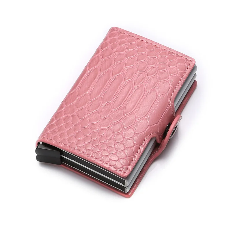 pink DIENQI бумажник из змеиной кожи, мужской кошелек для карт, красный мини-кошелек, металлический кошелек, двойной держатель для карт, сумка для денег, винтажные кошельки в три сложения - Цвет: pink
