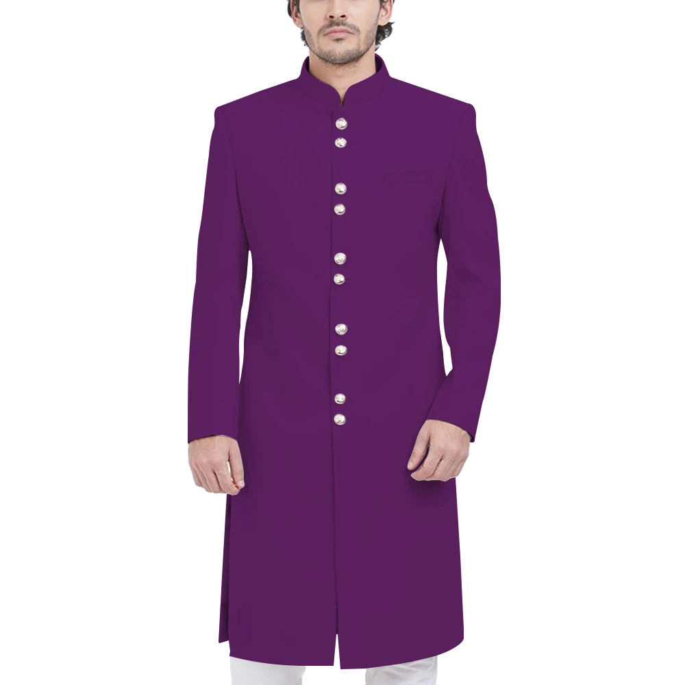 Purple Формальное длинное Мужское пальто, элегантное, для улицы, на каждый день, Sherwani, воротник-стойка, свадебное, для жениха, халат, для ужина, банкета, вечерние, скромная мужская куртка - Цвет: Purple