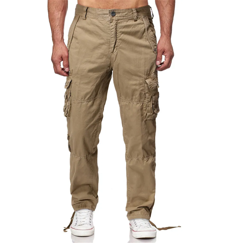 Khaki Мужские брюки, облегающие брюки, мужские спортивные однотонные, с несколькими карманами, повседневные свободные спортивные брюки, брюки с полосой сбоку, обтягивающие#30909 - Цвет: Khaki