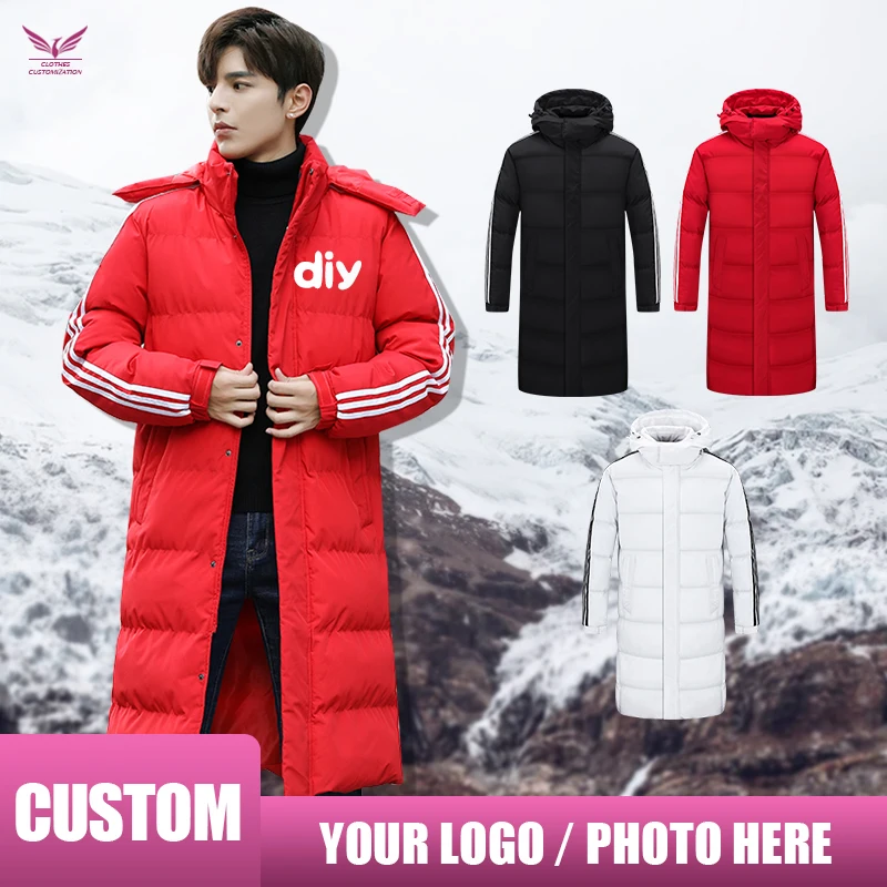 

Custom Men Winter coats Long Sport Training Overcoat print logo outdoor waterproof Outrwear Warm Cotton Padded Male winter coat