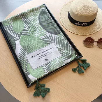 

New green leaf printed cotton and linen scarf in autumn and winter