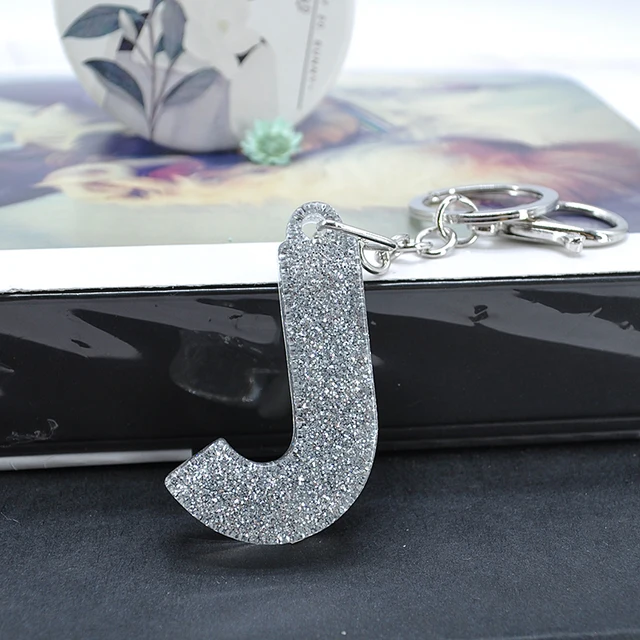 1PC Women Keychains  Handbag  Car Pendants 26 English Letter Keyring  Charms   Glitter Resin Word J