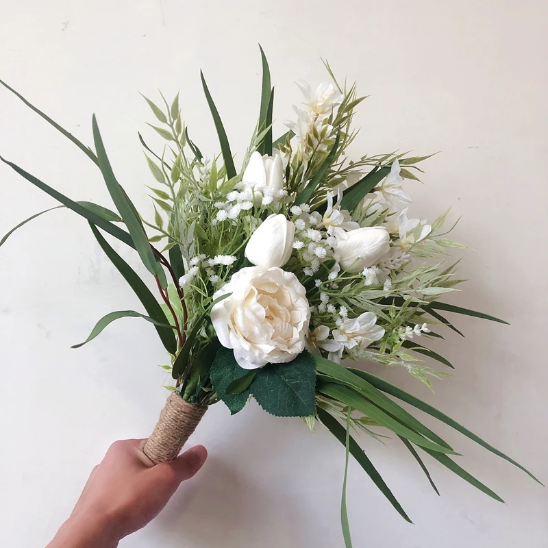 Ivory Poney with tulip Nature Real Feel Artificial Flower Hand Hold bouquet for Bridesmaid Cheap ramo novia boda para lanzar